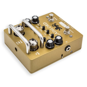 Gold guitar effects pedal with control knobs and a brand logo on a white background